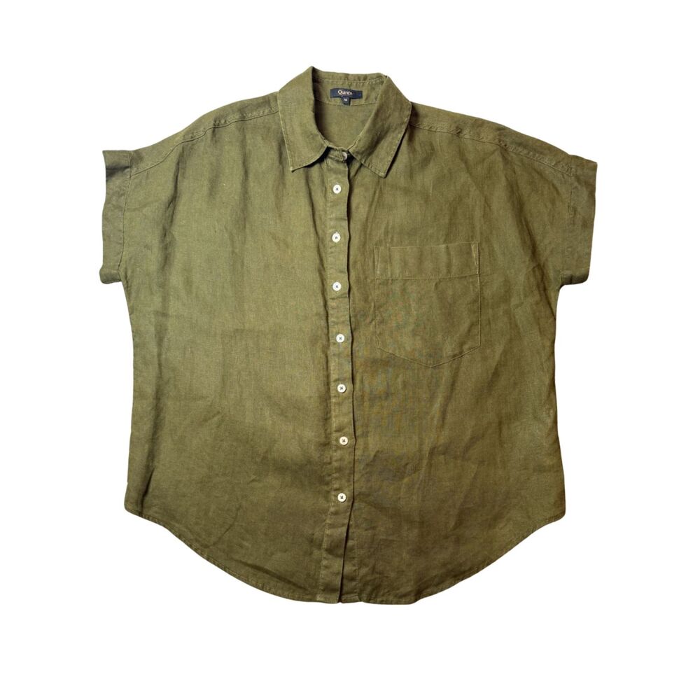 Quince Olive Green Short Sleeve Button-Down Linen Shirt